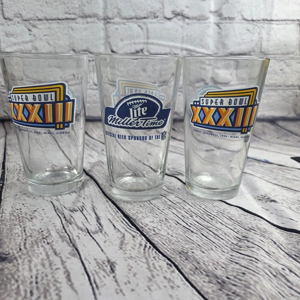 Super Bowl XXXIII pint glasses,, Miller Lite National Football League, set of 3